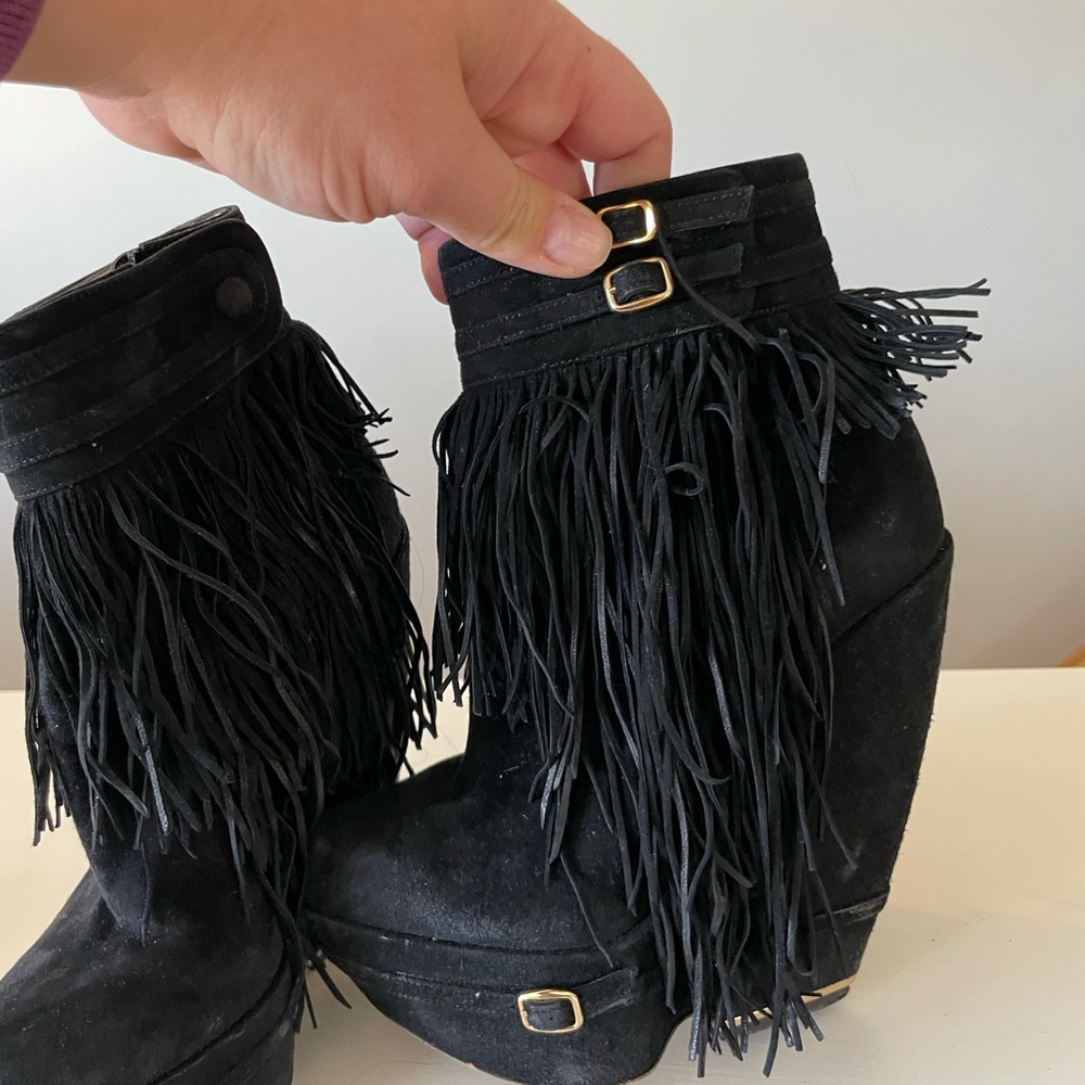 Nicholas Kirkwood Aubergine Fringe Platform Wedge Ankle Bootie - Picture 4 of 9